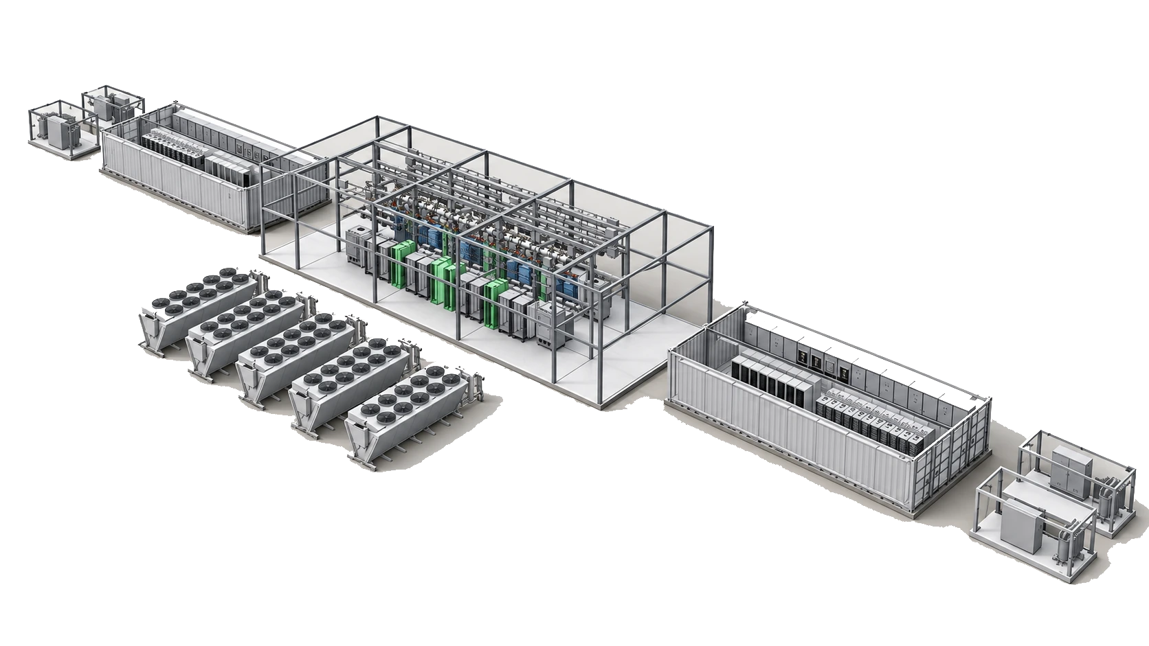 Example ModFlex layout with a purpose-built IT hall, separate electrical and mechanical units and external cooling equipment.