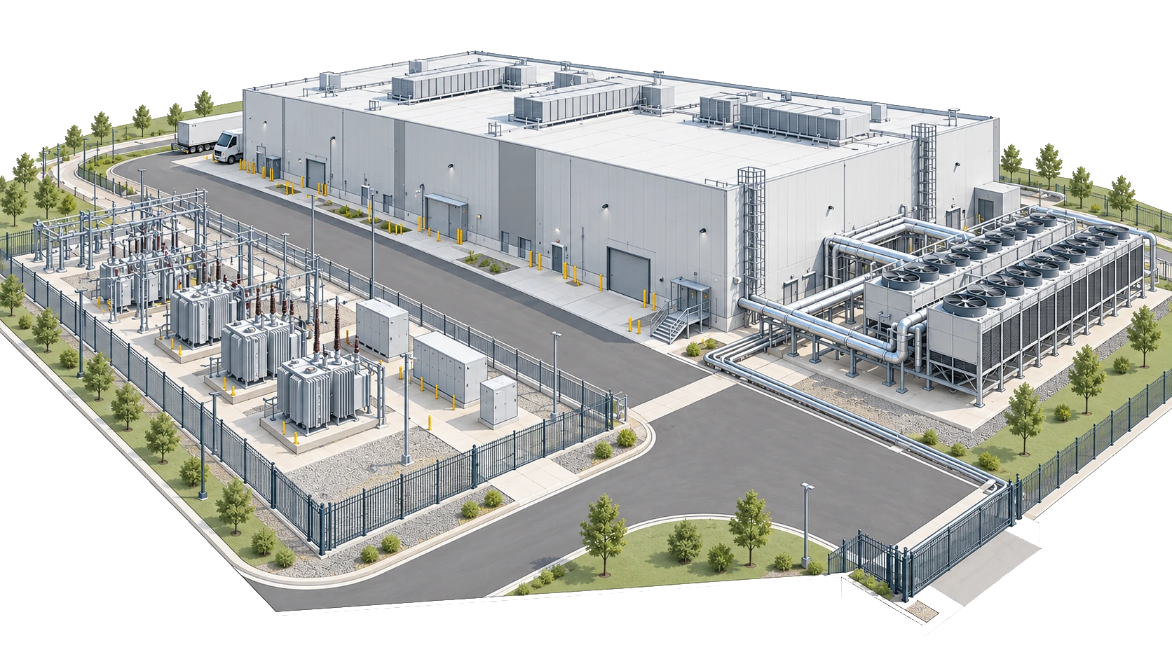 Concept illustration showing a data center building, utility substation, outdoor cooling plant and access roads as one coordinated site.