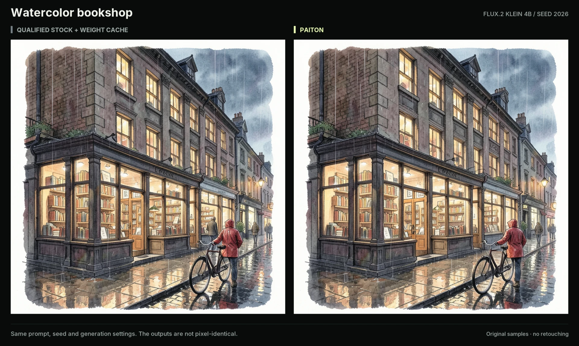 The retained stock and Paiton watercolor bookshop images at seed 2026, showing similar composition with differences in scene details