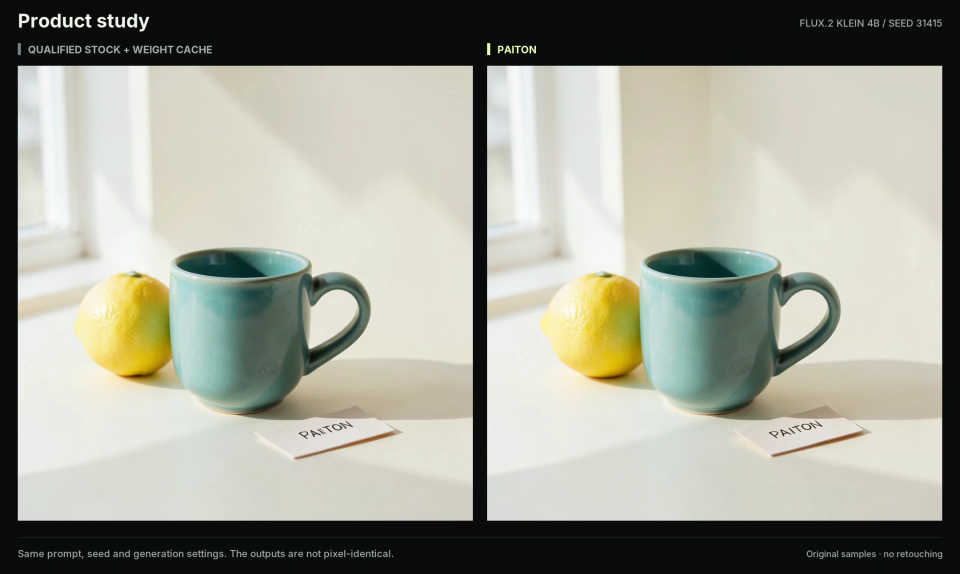 The retained stock and Paiton product images, with a teal mug, lemon and PAITON card; both use seed 31415