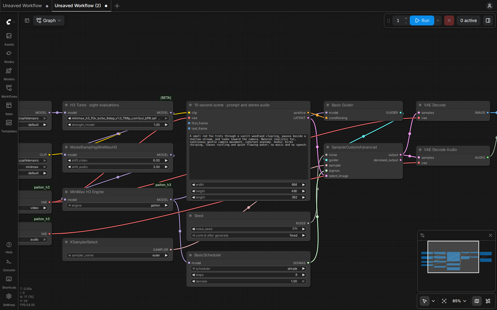 The supplied ComfyUI workflow, including the MiniMax H3 engine selector, Turbo8 settings, prompt, seed, and video and audio decoding.