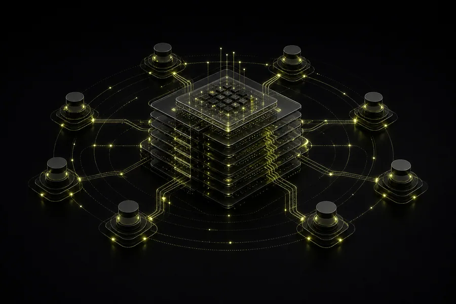 Connected learning nodes around a shared practical AI knowledge core