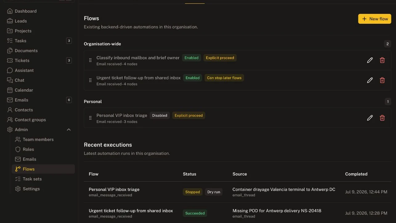 AIDesk flows system with automation rules and execution history