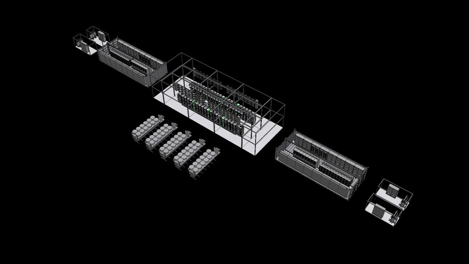ModFlex reference drawing with central IT hall, technical wings and external cooling plant