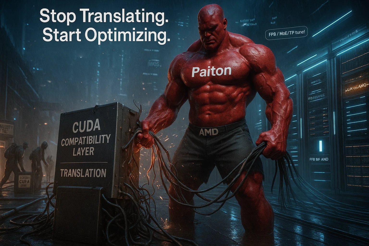Red titan labeled “Paiton” tears out a “CUDA Compatibility Layer” box, clearing cables toward bright AMD GPU racks in a rainy data-center.
